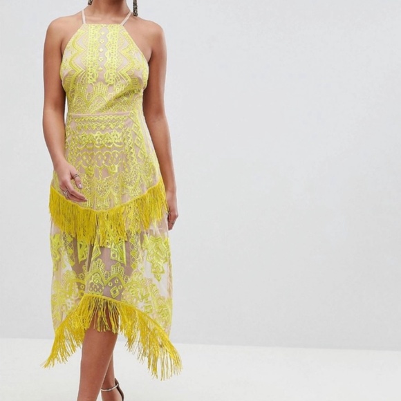 ASOS Dresses & Skirts - ASOS Embroidered Square Neck Fringe Hem Midi Dress